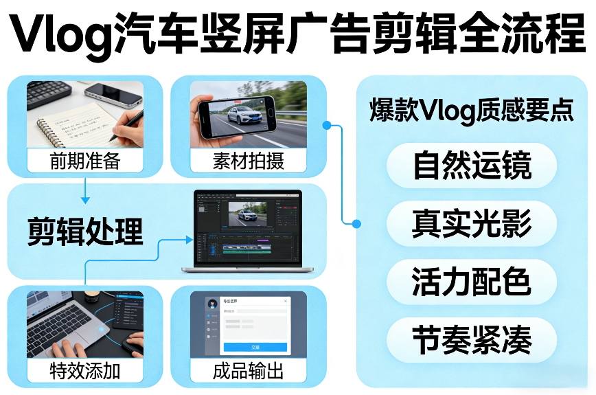 Vlog感觉汽车竖屏广告剪辑脚本全流程，拿捏爆款Vlog质感-项目网