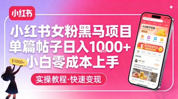 小红书女粉黑马项目，单篇帖子日入1k+，小白零成本上手-项目网