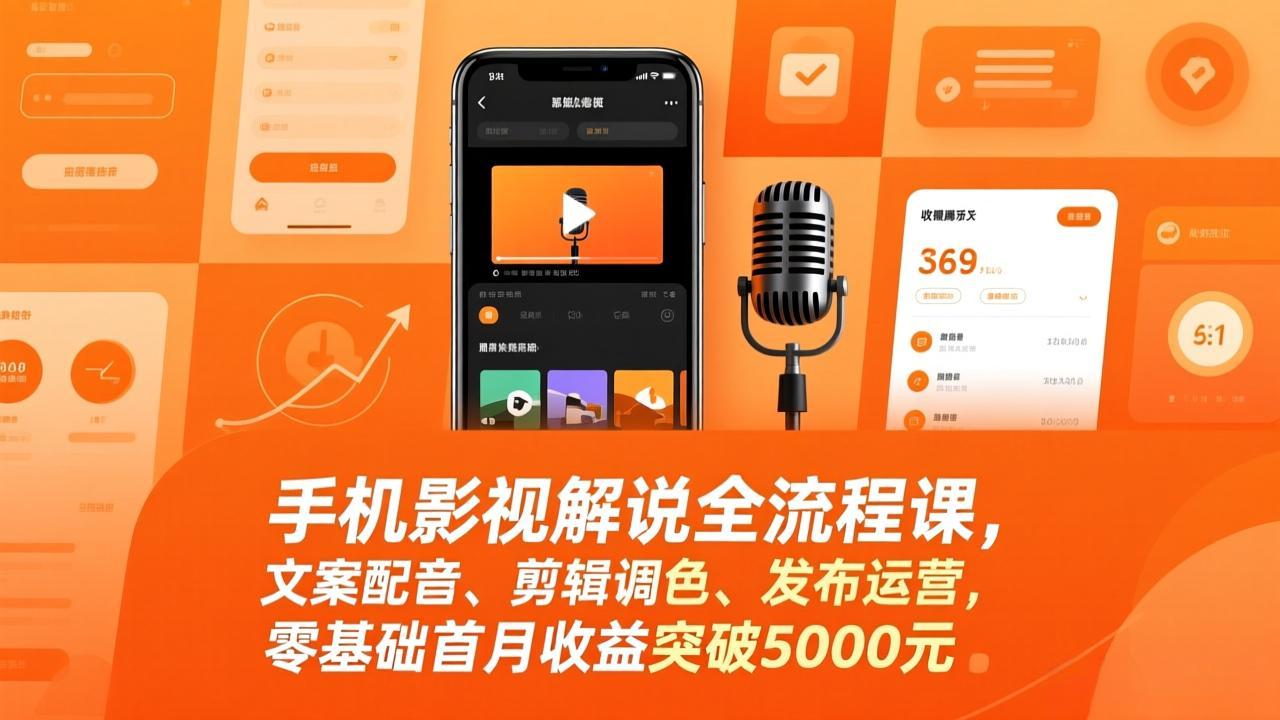 手机影视解说全流程课，文案配音、剪辑调色、发布运营，零基础首月收益突破5000元-项目网